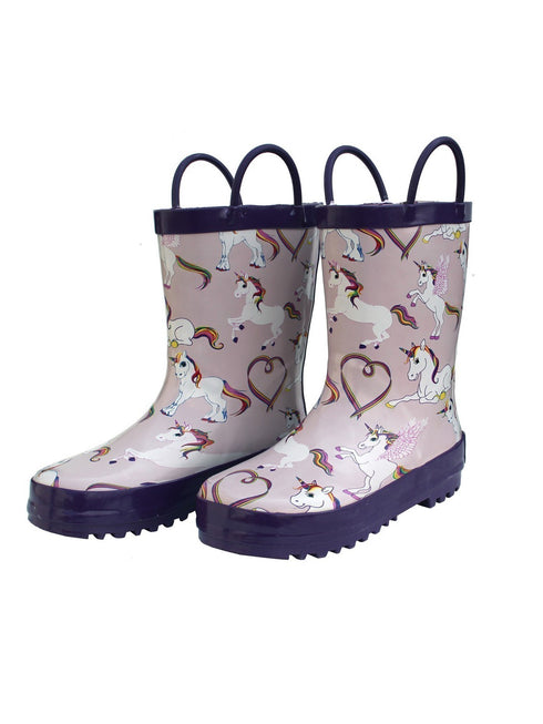 Foxfire Little Girls Pink Rainbow Unicorn Side Handle Rain Boots 5-10 Toddler - SophiasStyle.com